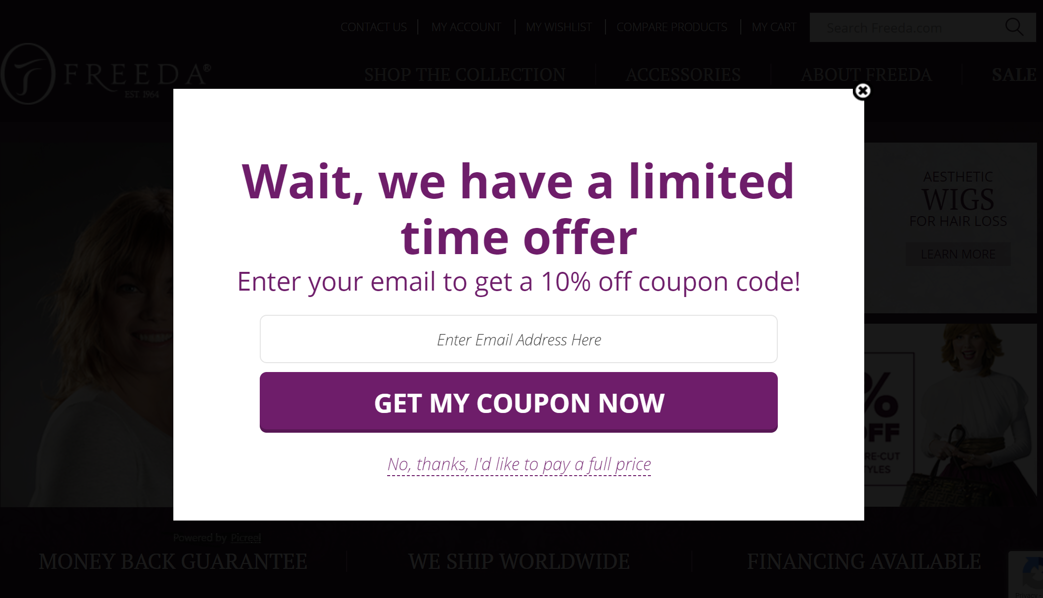 Exit-intent popup offering coupon code